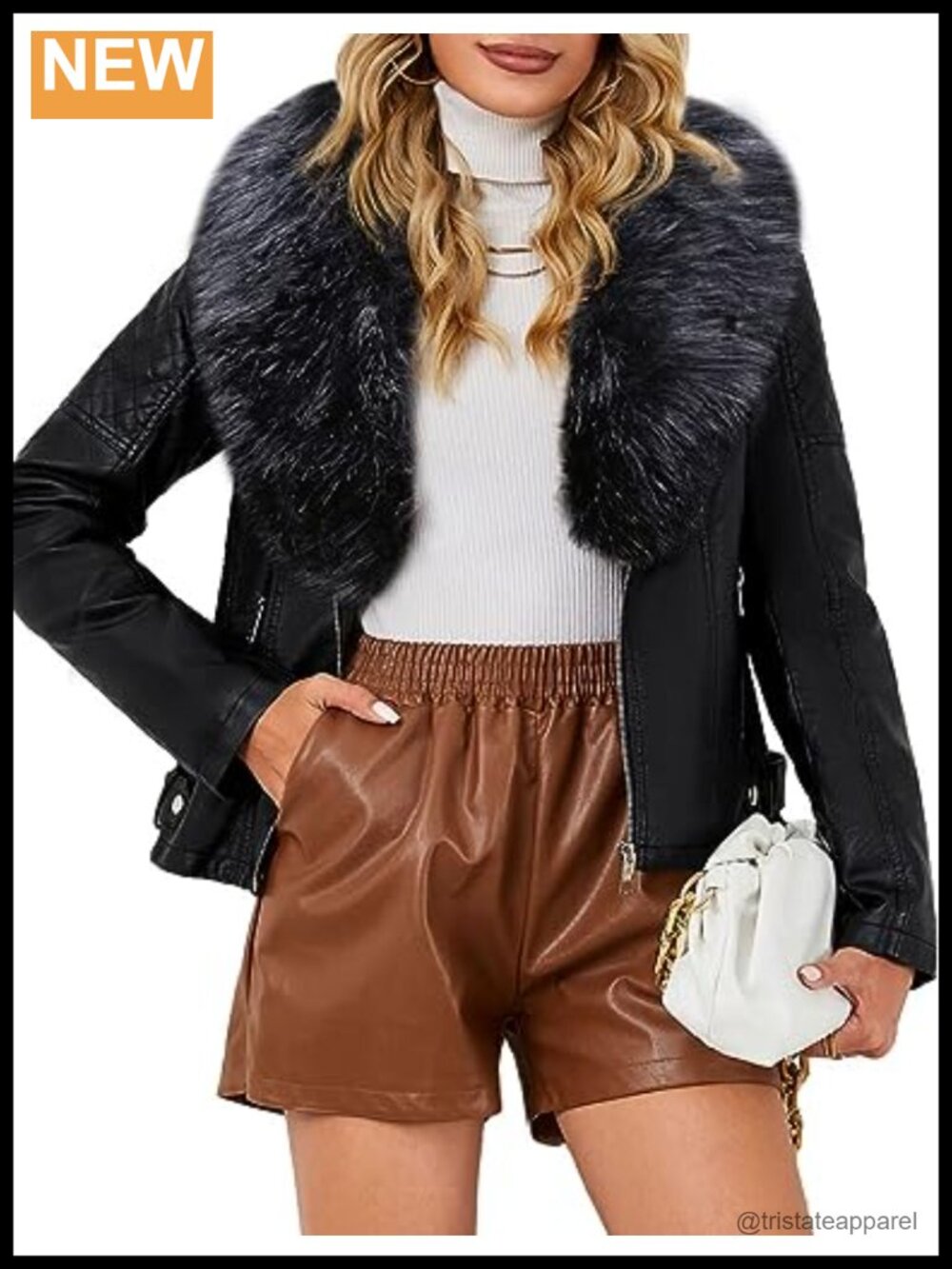 Women's Faux Leather Moto Jacket Sherpa-Lined Removable Fur Collar